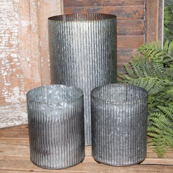 NEW Set of Rustic Corrugated Metal Zinc Farmhouse Cylinder Can Vases Pots - Picture 2 of 5